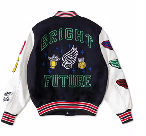 Custom Men's Varsity <b>Jacket</b> Wool <b>Leather</b> Chenille with Stand Collar and Down-Filled Hood Embroidered Letterman Design - Product Image 4