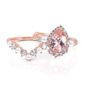 แหวนแต่งงานเจลิยา ทวิสท์ ฮาโล เพียร์ประดับมอร์แกไนต์และมุก - Product Image 2