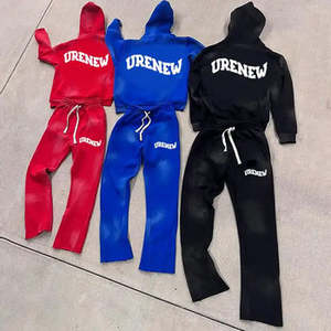 Streetwear de luxe personnalisé Ensemble de survêtement en molleton à capuche unisexe deux pièces en coton respirant Broderie ajustée décontractée en détresse - Product Image 5