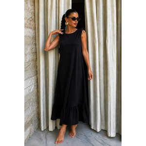 Robe en crêpe à col bateau et volants pour femme, 37670 - Noir - Product Image 1