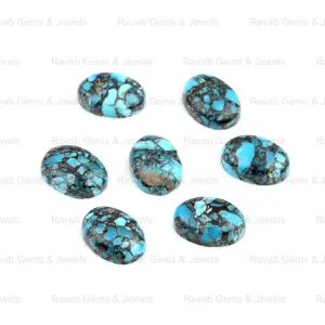 Doğal 10x14mm Flatback Oval şekil mavi Spiderweb tibet turkuaz taş takı yapma gevşek Cabochon taşlar