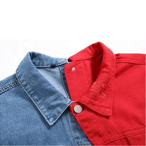 Chemise en jean pour homme à blocs de couleur, col montant, manches longues, décontractée, déchirée et vieillie, rouge et bleue, en sergé tissé, coupe droite - Product Image 5