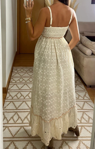 Robe longue bohème pour femme, style maxi, col en V, manches longues, broderie florale blanche, écologique, taille naturelle, vintage, pour l'été et les vacances - Product Image 6