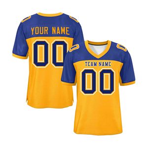 Maillot de football américain personnalisé pour homme, col en V en mesh, impression sublimée, anti-humidité, jaune et bleu, nom et numéro de l'équipe 00 - Product Image 1