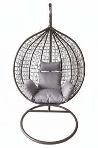 Fauteuil suspendu en forme d'œuf marron avec support et coussins gris - Fauteuil balançoire en rotin - Product Image 3