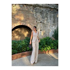 Abito da donna in lino con collo quadrato abbottonato e pantaloni Palazzo - Product Image 2
