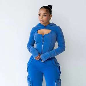 ชุดวอร์มผู้หญิงดีไซน์ทันสมัยปี 2025 กางเกงมีกระเป๋าซ้อนและเสื้อฮู้ดซิปทรงโอเวอร์ไซส์ พร้อมโลโก้สั่งทำพิเศษ - Product Image 4