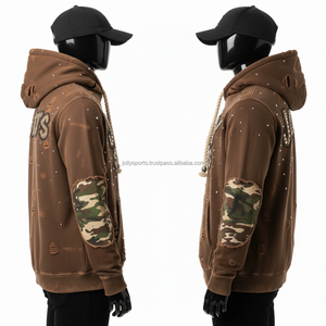 380GSM Tissu Polaire de Qualité Supérieure Marron Style Détruit avec Panneau de Coude Camouflage Logo Brodé Personnalisé Hommes Basics Hoodie - Product Image 5