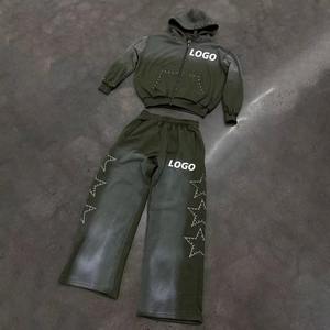 Sweat-shirts et pantalons de survêtement unisexes en coton French Terry surdimensionnés avec logo imprimé en strass personnalisé, lavage à l'acide, délavé au soleil - Product Image 2