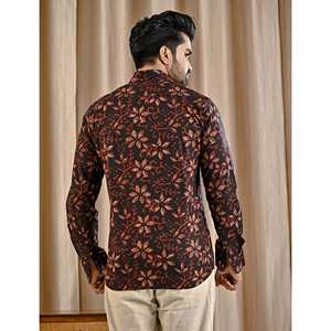 Camisa Casual Negra Estampada 100% Algodón, Cuello Mao, Diseño Floral, Tela Popelina, Moderna, Tejida, Mangas Largas - Product Image 6