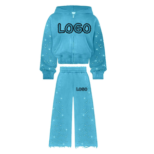 Custom Two Piece Sweatsuit Track <b>Set</b> Winter Distressing <b>Embroidery</b> Tracksuit Zip up Hoodie And Jacket <b>Sets</b> Men Manufacturer - Product Image 2