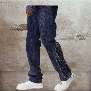 Ensemble deux pièces vintage pour homme, veste en jean délavée et usée, jeans avec décoration de boutons, style hip-hop rétro - Product Image 5