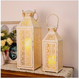 White Metal <b>Moroccan</b> <b>Lantern</b> Set with Intricate Cutwork Glass Panels Warm Candle Glow Elegant Festive Home Decor and Gift Choice - Product Image 2
