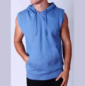 Hot Sale 100% Cotton Men's Sleeveless Hoodie Good Quality Zip Gym Hoody with Drawstring Vest Breathable and Printed Pattern - Product Image 4