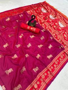Vêtements pour femmes de haute qualité pour les festivals, sari indien en tissu de soie doux, bordure contrastée, robe traditionnelle, style sud-indien - Product Image 6