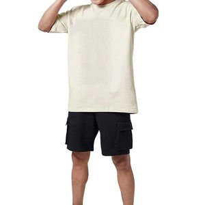 T-shirt en coton beige surdimensionné pour homme, coupe ample, col rond, style streetwear décontracté - Product Image 2