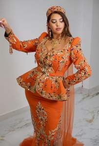Veste Orange Femme Algérienne Karakou Robe 2025 avec Magnifiques Perles en Verre de Cristal, Pierres et Travail Dabka Perlés - Product Image 2