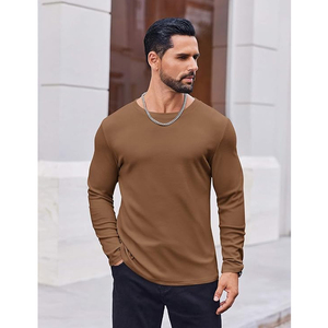 T-shirts à manches longues pour hommes, couleur café, en coton lourd, col rond, personnalisables avec logo, de haute qualité - Product Image 4