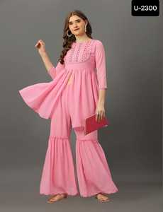 Traje étnico indio Georgette Sharara para mujer hermoso encaje Kurtis con espejo trabajo cuello patrón ropa paquistaní - Product Image 2
