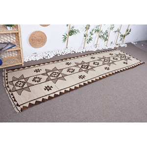 Alfombra turca Vintage clásica marrón Beige diseño de retazos lana yute látex respaldo tejido plano Boho para sala de estar 3x10,3 pies - Product Image 3