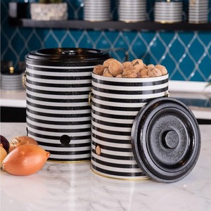 Metal Potato & Onion <b>Storage</b> <b>Bin</b> Set Dia 225x240 mm (2 Pcs ) Black and White Line Pattern Line Design - Product Image 1