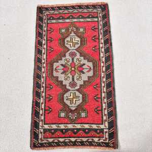 Vintage Turkish Rug 1.8x3.2 ft, <b>Red</b> Abstract <b>Wool</b> Rug - Product Image 1