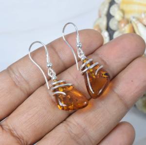 Pendiente de gancho de ámbar Báltico natural de sólida plata de ley 925 - Product Image 3