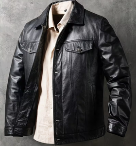 Blouson moto en cuir véritable pour homme, couleur unie, fermeture éclair, col rabattable, respirant, coupe ajustée, collection automne 2027 - Product Image 2