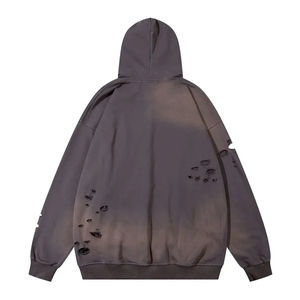 Custom Distressed Patch Embroidery logo & Cropped Patchwork Streetwear Washed French Terry <b>Zip</b> Mens <b>Hoodie</b> - Product Image 2