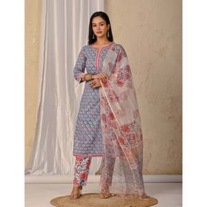 Blue Ethnic Indian Anarkali Kurta Pant Set Butta <b>Block</b> <b>Printed</b> Cotton with Embroidery Work Silk Net Material for Party Wear - Product Image 5