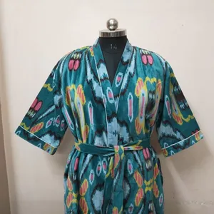 Jaket boho beludru motif Ikat pinggang gaya kimono Jepang jaket musim dingin jubah musim dingin multiwarna mantel sabuk Ikat pinggang jaket India