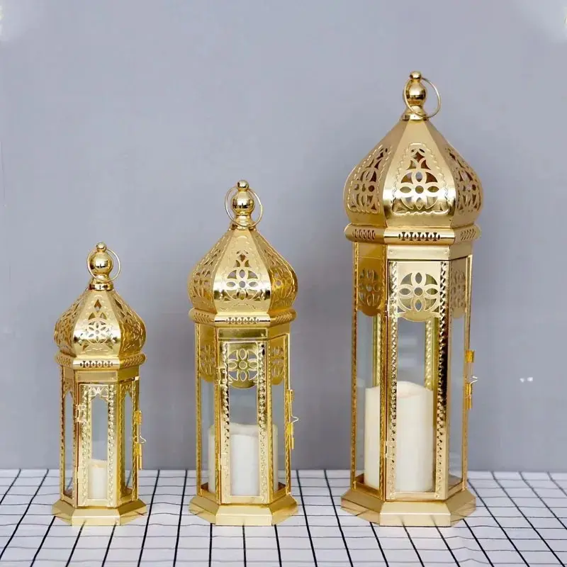 Popular Venta caliente Ramadán y Eid Luces decorativas Linternas de velas marroquíes de metal Juego de 3 linternas de metal