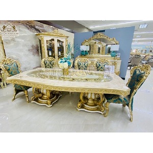 Juego de mesa de comedor barroco de estilo turco de lujo, juego de comedor de oro pulido de gama alta hecho a mano, juego de comedor de madera de teca de diseño italiano - Product Image 1
