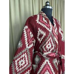 Yak Wool Blend Women's Cozy Winter Romance <b>Kimono</b> Robe Red Diamond Print <b>Cardigan</b> House Coat Pockets Quirky Woven Loungewear ODM - Product Image 5