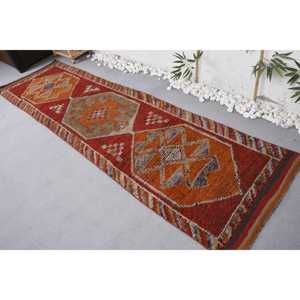 2.8x10.3 ft Vintage Rug, Turkish <b>Runner</b> Rug, <b>Red</b> Orange Solid Wool Rug - Product Image 4