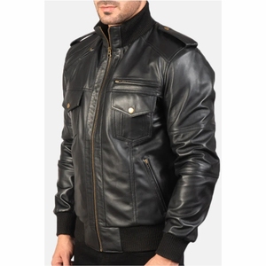 Chaqueta para hombre chaquetas de hombre Chaqueta de cuero de vaca para hombre en marrón Bomber de invierno con bolsillos laterales - Product Image 2