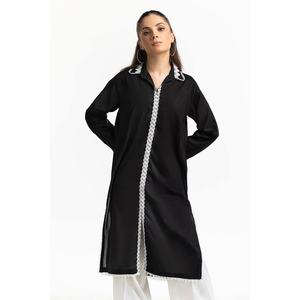 Chemise Chic Noire à Carreaux pour Femme avec Logo Brodé et Dentelle Pailletée, Taille XL, en Lin, Mousseline et Tissu Tricoté, Coupe Ample pour l'Automne - Product Image 1