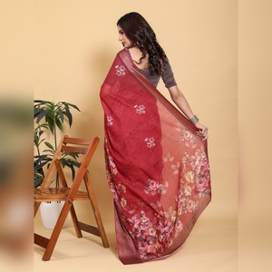 Sari Económico con Estampado Floral Color Granate con Borde Metálico de Zari GG-627, Sari Jacquard con Borde Tejido Religioso - Product Image 4