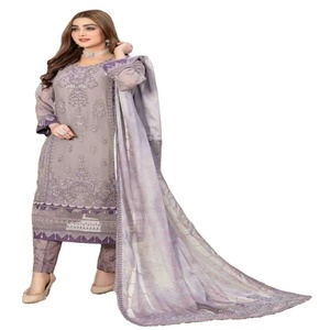 Ensemble 3 pièces brodé lourd pour femmes robe pakistanaise indienne semi-cousue Viscose non cousue Shalwar & Dupatta pour adultes - Product Image 1
