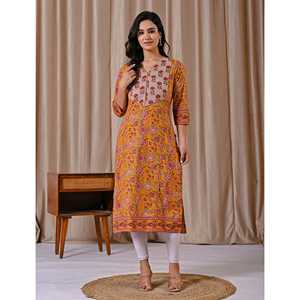 Kurti droit en coton jaune imprimé au bloc, style décontracté pour le club, conception personnalisée ODM, respirant et longueur au sol - Product Image 3