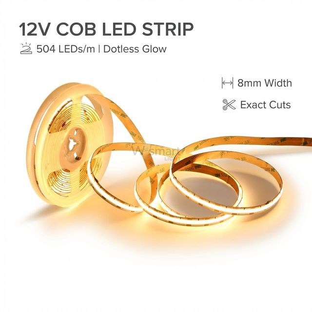 12V COB LED Strip Light 8mm 504LEDs/m IP20 Non-Dimmable Cuttable Flexible Linear Tape Light for Indoor Decor