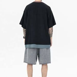 Haute qualité Vintage hommes T-Shirts Hip Hop col montant Boxy Fit blanc t-shirts couleur contraste couture t-shirt - Product Image 3