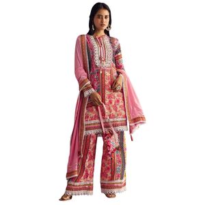 Kurta Palazzo ชุดผ้าไหมลายดอกไม้สีชมพูพร้อมกระเป๋า potli ขายส่งเสื้อผ้าพื้นเมืองสำหรับผู้หญิง - Product Image 1