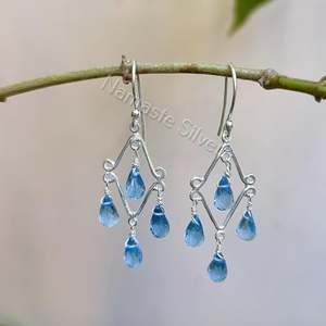 Boucles d'oreilles pendantes en argent sterling 925 avec topaze bleue, perles naturelles en forme de larme, bijoux faits à la main, matériau principal en or, cadeau pour elle - Product Image 6