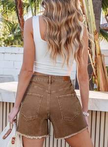 Pantalones cortos de mezclilla con dobladillo crudo elástico de cintura alta para mujer con bolsillos Pantalones cortos de mezclilla transpirables informales de verano e invierno - Product Image 2