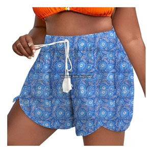 Shorts de algodón con estampado de bloques y cordón en la cintura para mujer, ropa de descanso de verano - Product Image 1