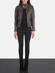 Veste en cuir marron vieilli pour femme, style café racer, matelassée, en cuir d'agneau véritable, vintage, veste de motard, coupe ajustée, fermeture éclair, coton - Product Image 5