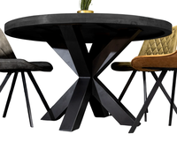 Table de salle à manger de cuisine ronde en bois massif de style européen à finition brute noire en bois de manguier avec pieds en métal en forme de X, 4 places