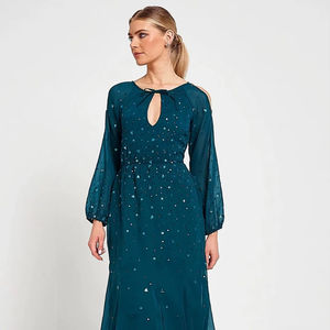 Robe maxi trapèze à devant perlé, design symétrique, col rond, fente latérale à la taille, antistatique, vêtements de soirée et de cocktail, respirante - Product Image 1