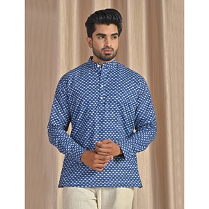 เสื้อคุร์ต้าผ้าฝ้ายป๊อปลินสีน้ำเงินพิมพ์ลายสำหรับผู้ชาย เสื้อเชิ้ตแขนยาวลำลอง ระบายอากาศได้ดีและสวมใส่สบาย - Product Image 3